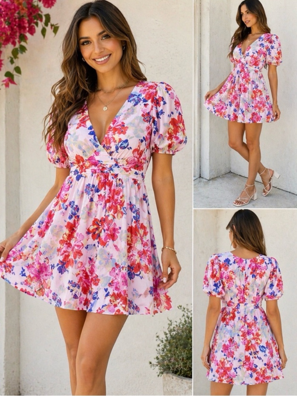 Vero Moda Pink Floral Mini Dress Puff Sleeve V Neck Flowy